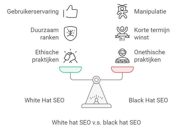 White hat SEO en haar kenmerken links v.s. black hat SEO rechts en haar kenmerken.