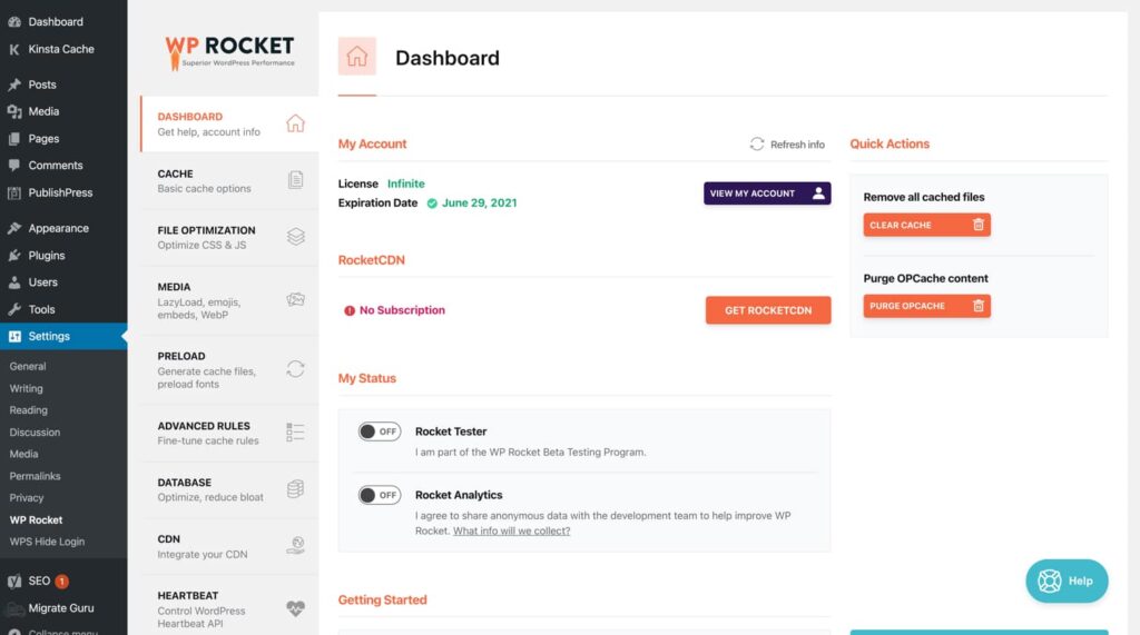 Dashboard WP Rocket plugin voor WordPress