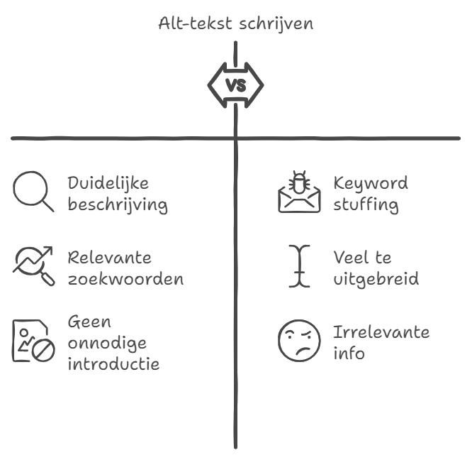 Goede alt v.s. slechte alt teksten. Goede teksten zijn beschrijvend, voorzien van relevante keywords en hebben geen onnodige introductie. Slechte hebben keyword stuffing, zijn te uitgebreid en staal vol irrelevante info. 