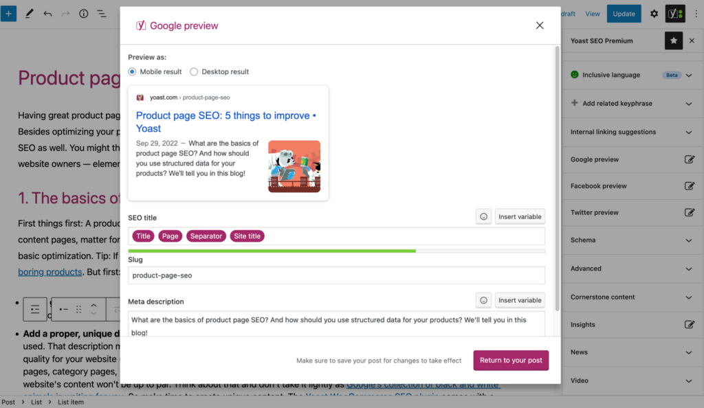 Yoast SEO plugin. Screenshot with Yoasts' Google Preview